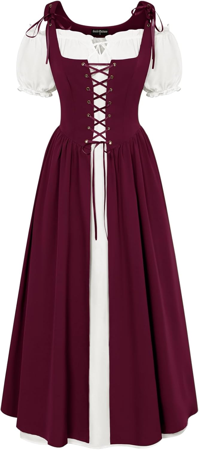 Renaissance Costume Women Peasant Medieval Dress Short Sleeve Maxi Fairy Dresses with Pockets