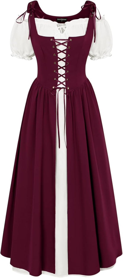 Renaissance Costume Women Peasant Medieval Dress Short Sleeve Maxi Fairy Dresses with Pockets