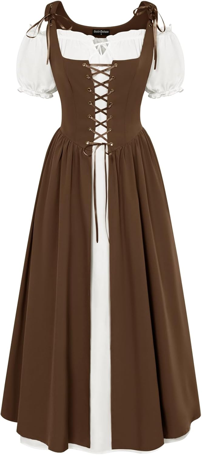 Renaissance Costume Women Peasant Medieval Dress Short Sleeve Maxi Fairy Dresses with Pockets