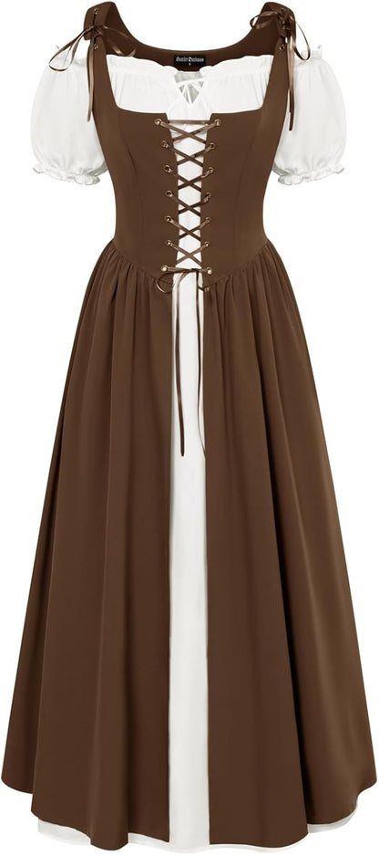 Renaissance Costume Women Peasant Medieval Dress Short Sleeve Maxi Fairy Dresses with Pockets