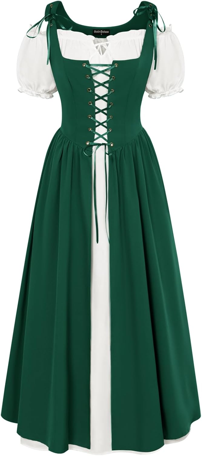 Renaissance Costume Women Peasant Medieval Dress Short Sleeve Maxi Fairy Dresses with Pockets
