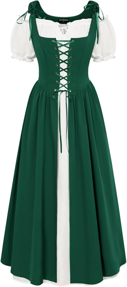 Renaissance Costume Women Peasant Medieval Dress Short Sleeve Maxi Fairy Dresses with Pockets