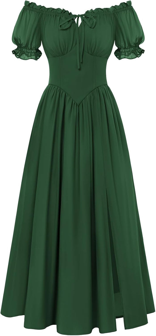 Corset Dress for Women Off Shoulder Renaissance Costume Short Sleeve Milkmaid Dresses with Pockets