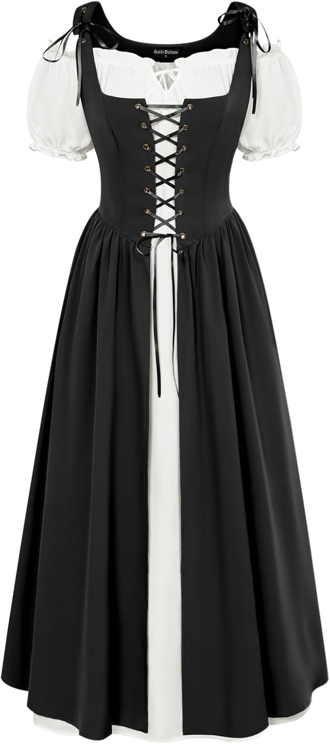 Renaissance Costume Women Peasant Medieval Dress Short Sleeve Maxi Fairy Dresses with Pockets
