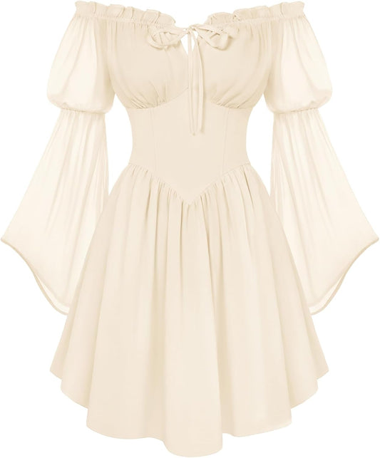 Women's Renaissance Fairy Dress 2026 Summer Boho Off The Shoulder Flowy Corset Mini Dresses
