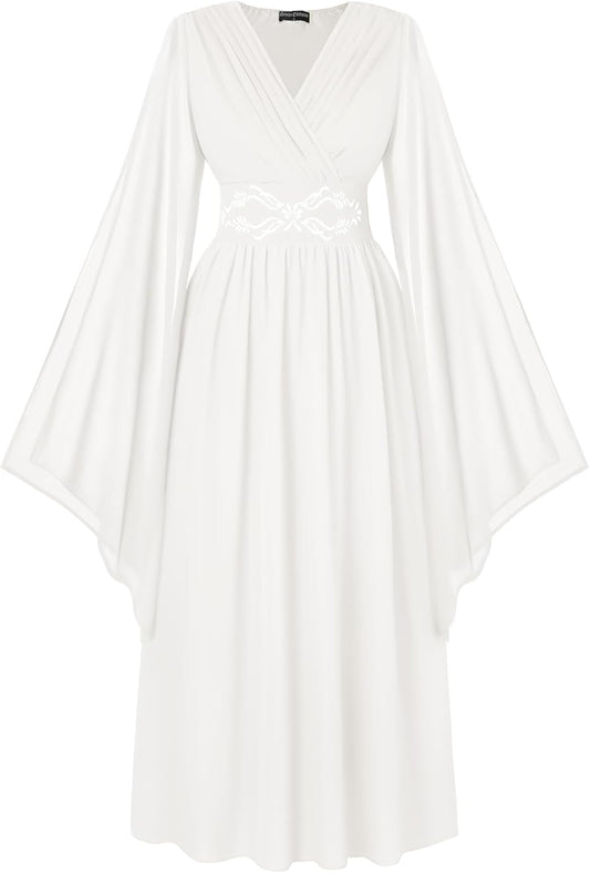 Women's Renaissance Costume Wrap V Neck Medieval Dress Split Bell Sleeve Embroidery Fairy Dresses
