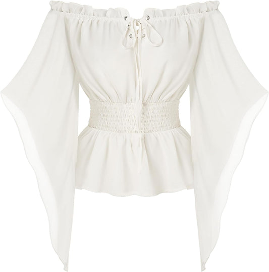 Women Renaissance Shirt Off Shoulder Bell Sleeve Smocked Waist Tops Blouse