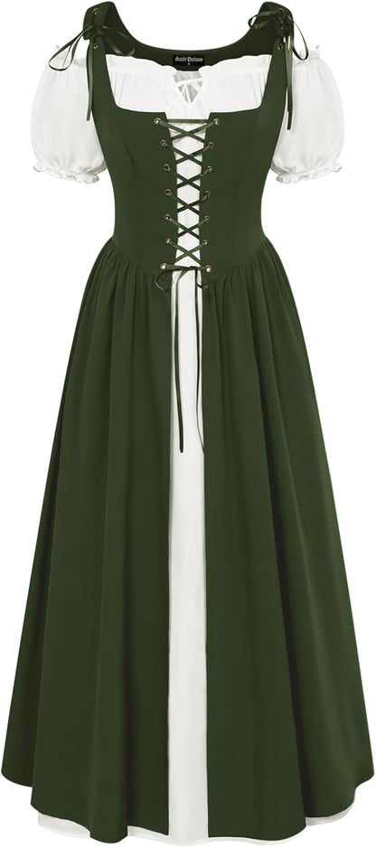 Renaissance Costume Women Peasant Medieval Dress Short Sleeve Maxi Fairy Dresses with Pockets