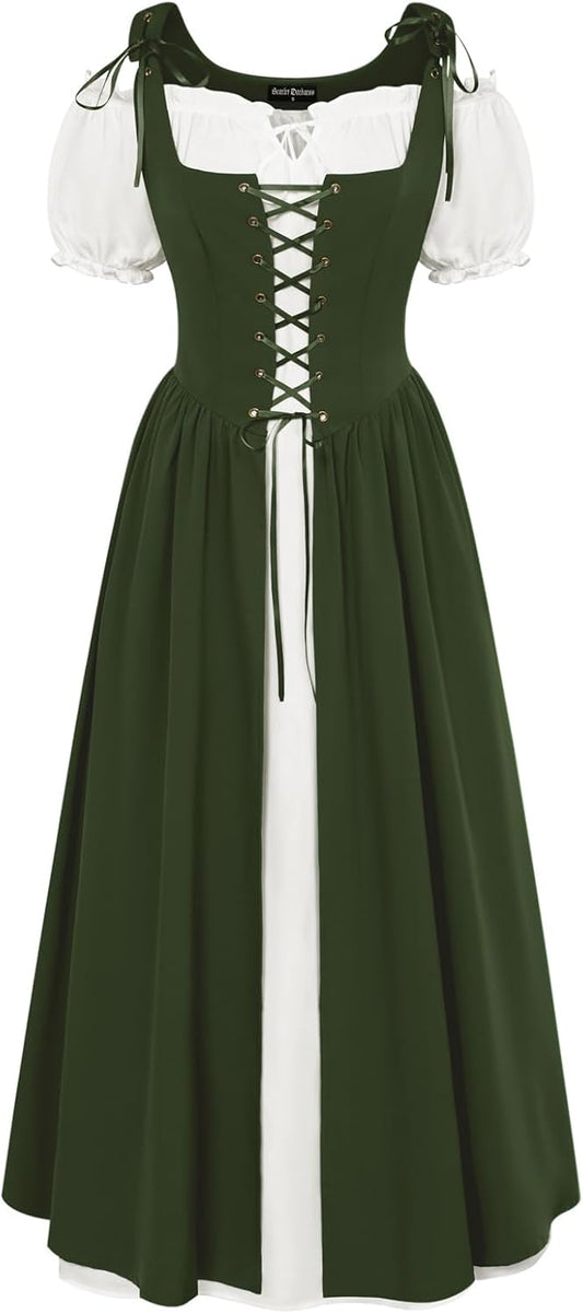 Renaissance Costume Women Peasant Medieval Dress Short Sleeve Maxi Fairy Dresses with Pockets