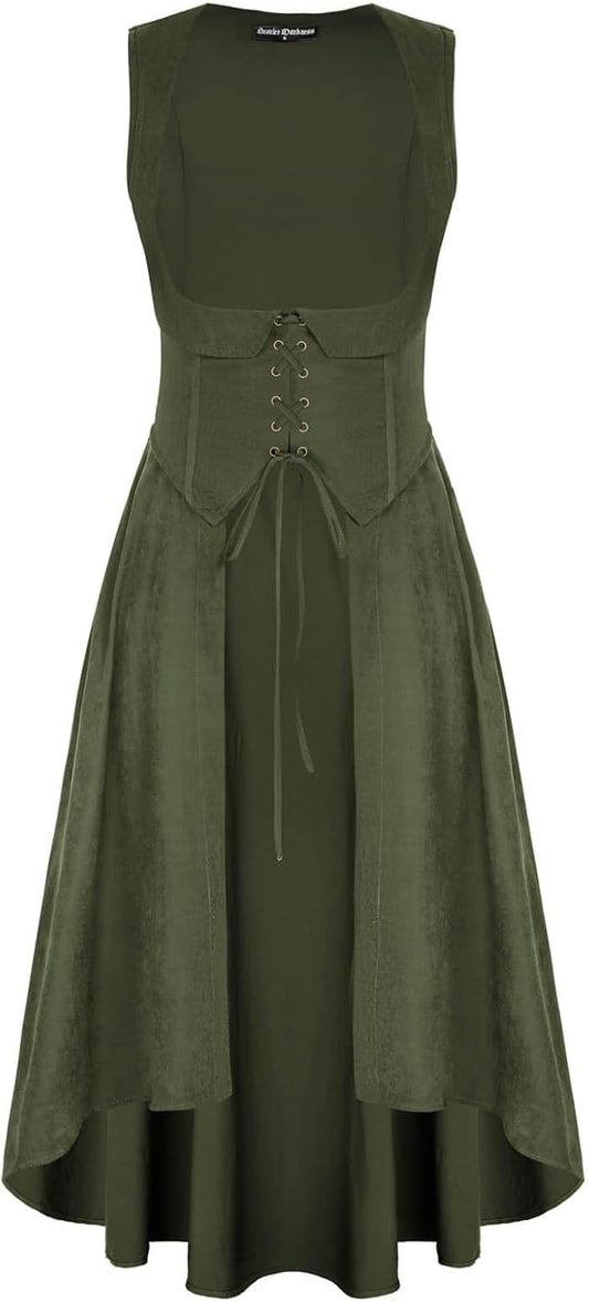 SCARLRT DARKNESS Women Renaissance Costume Underbust Pirate Peasant High Low Dress with Pockets