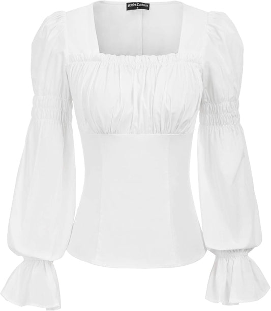 Women Peasant Blouse Long Puff Sleeve Ruffle Ruched Pirate Renaissance Corset Tops