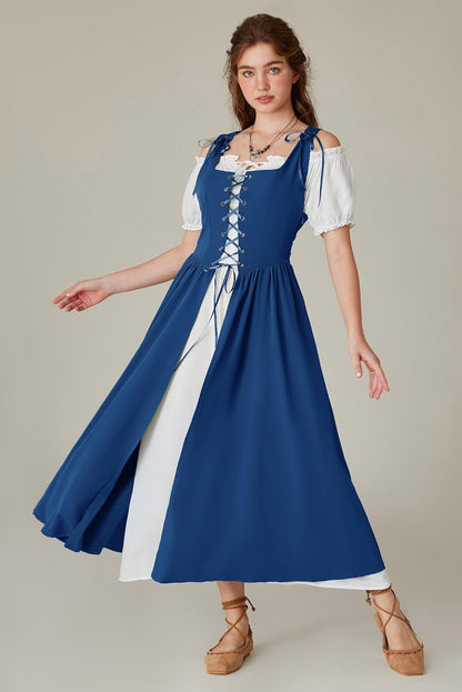 Renaissance Costume Women Peasant Medieval Dress Short Sleeve Maxi Fairy Dresses with Pockets