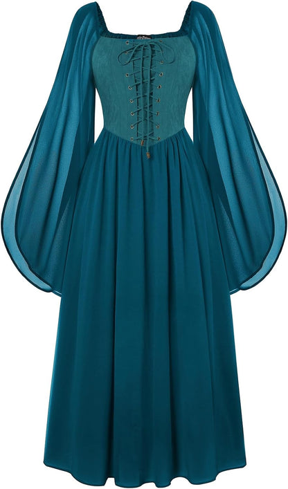 Renaissance Costume Women Pirate Dresses Split Bell Sleeve Medieval Ren Faire Dress with Pockets