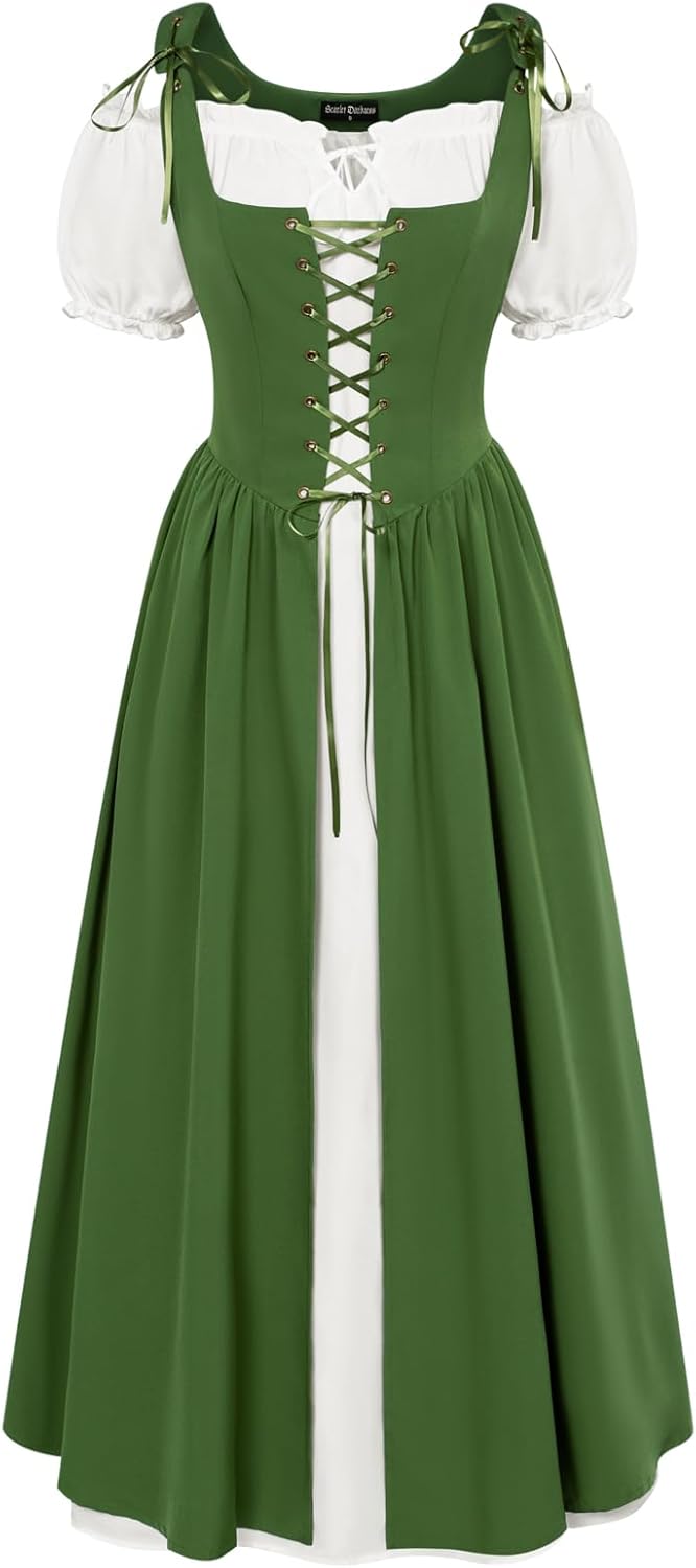 Renaissance Costume Women Peasant Medieval Dress Short Sleeve Maxi Fairy Dresses with Pockets