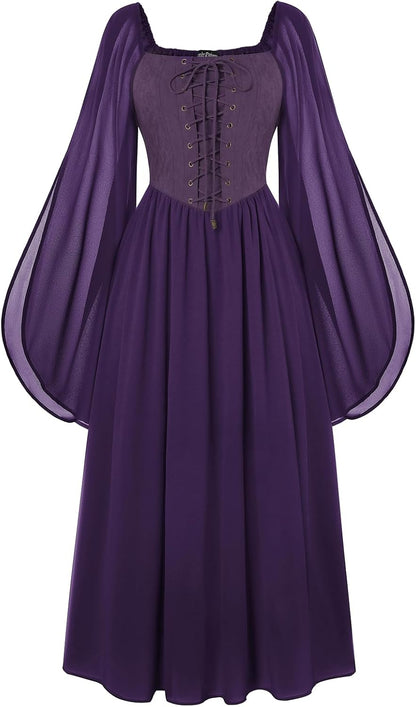 Renaissance Costume Women Pirate Dresses Split Bell Sleeve Medieval Ren Faire Dress with Pockets