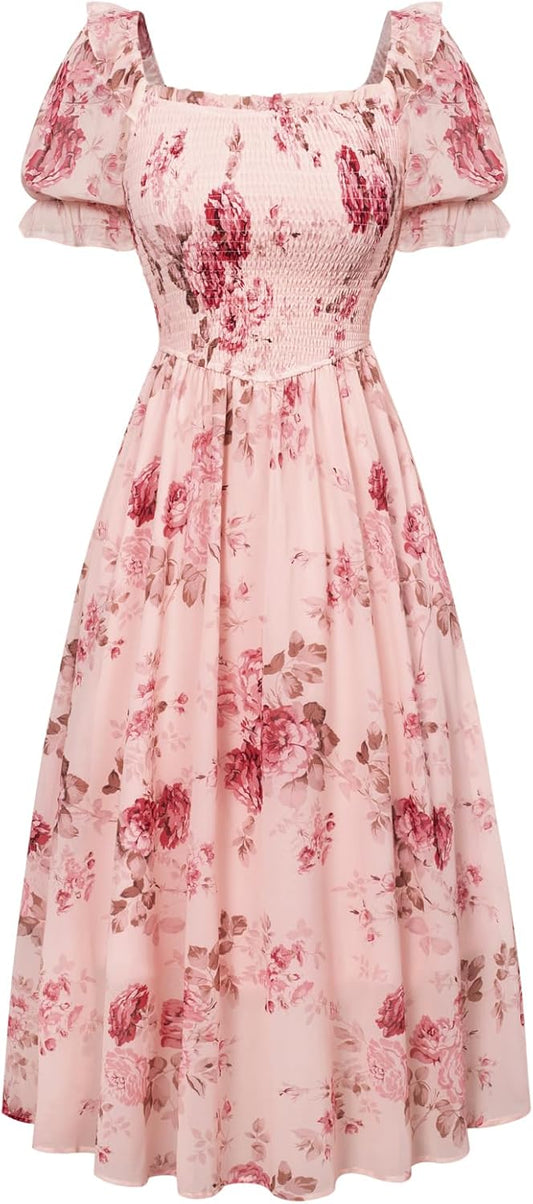 Floral Dress for Women Summer Puff Sleeve Square Neck A Line Flowy Wedding Guest Tea Party Dresses