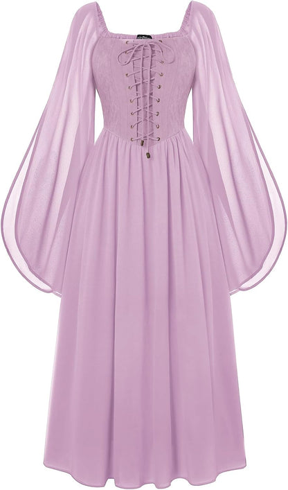 Renaissance Costume Women Pirate Dresses Split Bell Sleeve Medieval Ren Faire Dress with Pockets