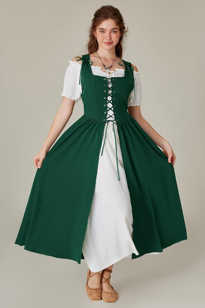 Renaissance Costume Women Peasant Medieval Dress Short Sleeve Maxi Fairy Dresses with Pockets