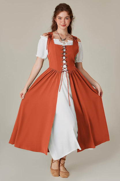 Renaissance Costume Women Peasant Medieval Dress Short Sleeve Maxi Fairy Dresses with Pockets