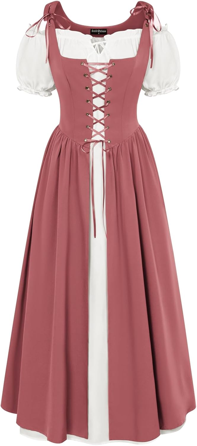 Renaissance Costume Women Peasant Medieval Dress Short Sleeve Maxi Fairy Dresses with Pockets
