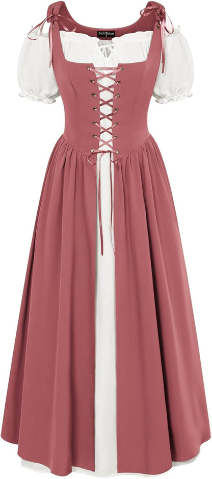 Renaissance Costume Women Peasant Medieval Dress Short Sleeve Maxi Fairy Dresses with Pockets
