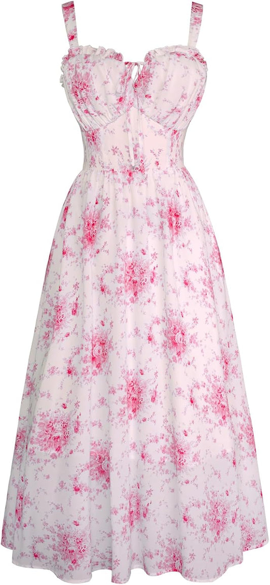 Summer Dresses for Women 2026 Floral Corset Dress Long Milkmaid Dress with Pocket