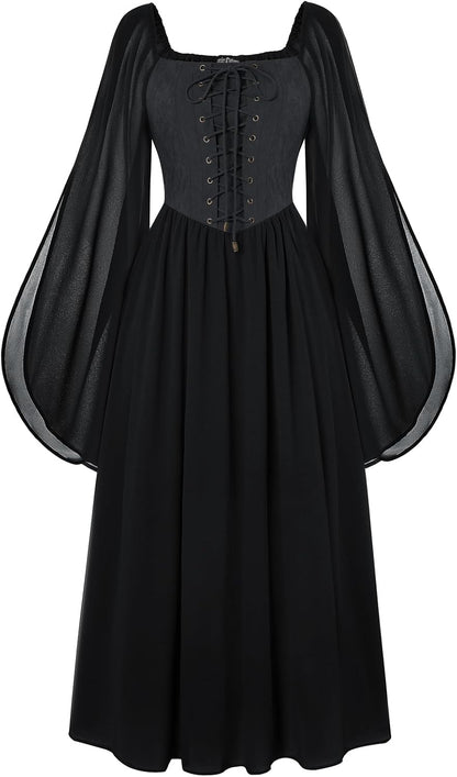Renaissance Costume Women Pirate Dresses Split Bell Sleeve Medieval Ren Faire Dress with Pockets