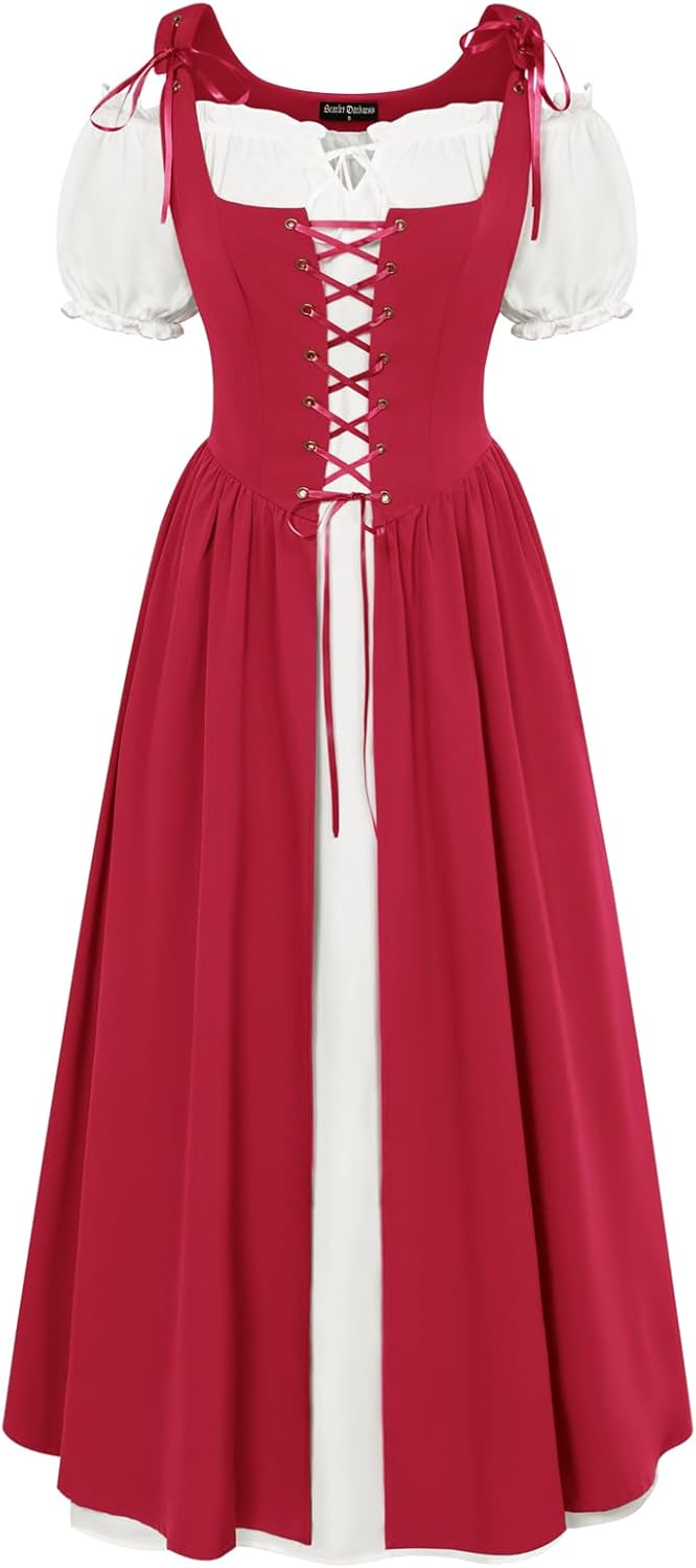 Renaissance Costume Women Peasant Medieval Dress Short Sleeve Maxi Fairy Dresses with Pockets