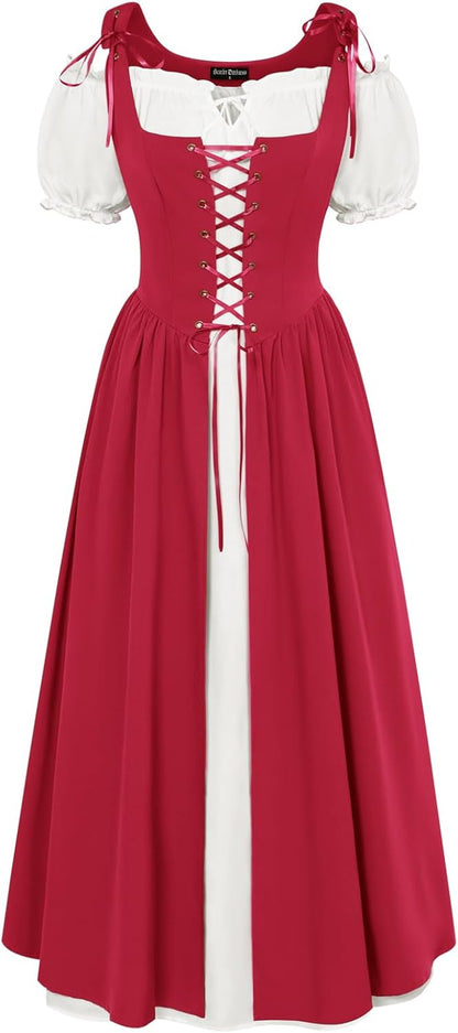 Renaissance Costume Women Peasant Medieval Dress Short Sleeve Maxi Fairy Dresses with Pockets