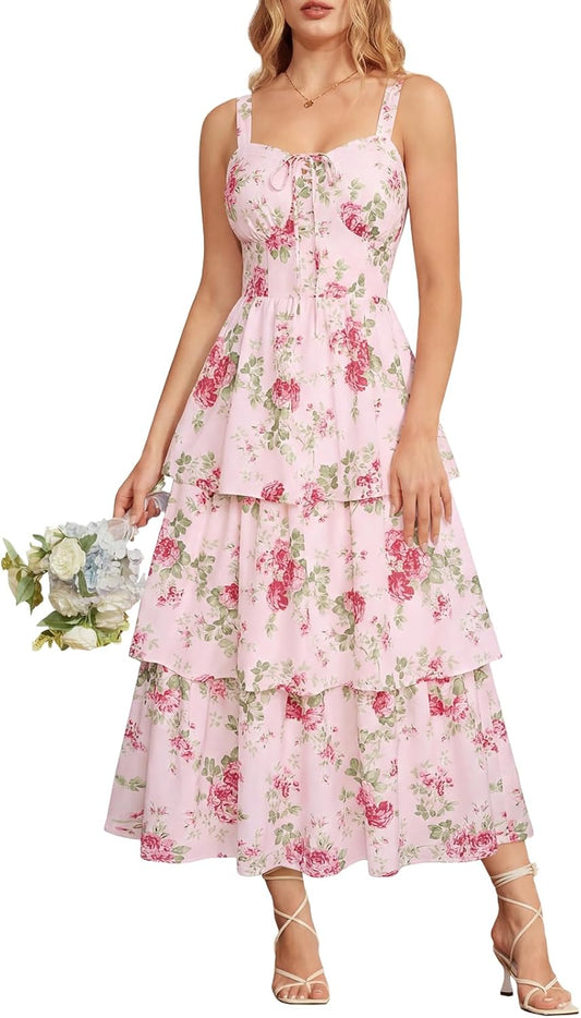 Milkmaid Corset Dress for Women Summer Wedding Guest Dresses Cocktail Floral Sundress with Pockets
