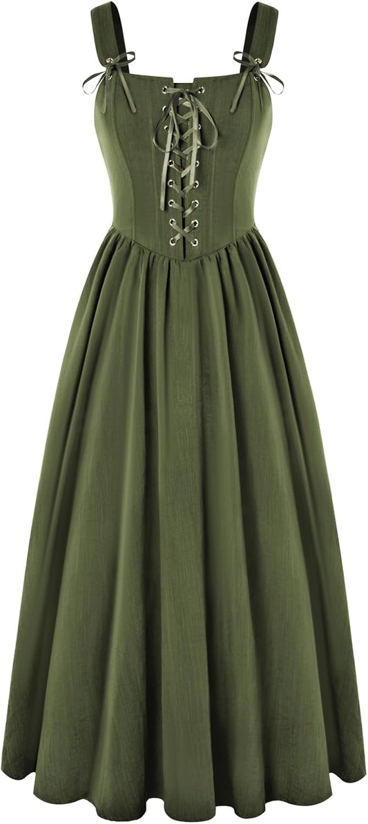 Renaissance Dress Women Lace Up Cottagecore Sleeveless Long Dress Medieval Costume