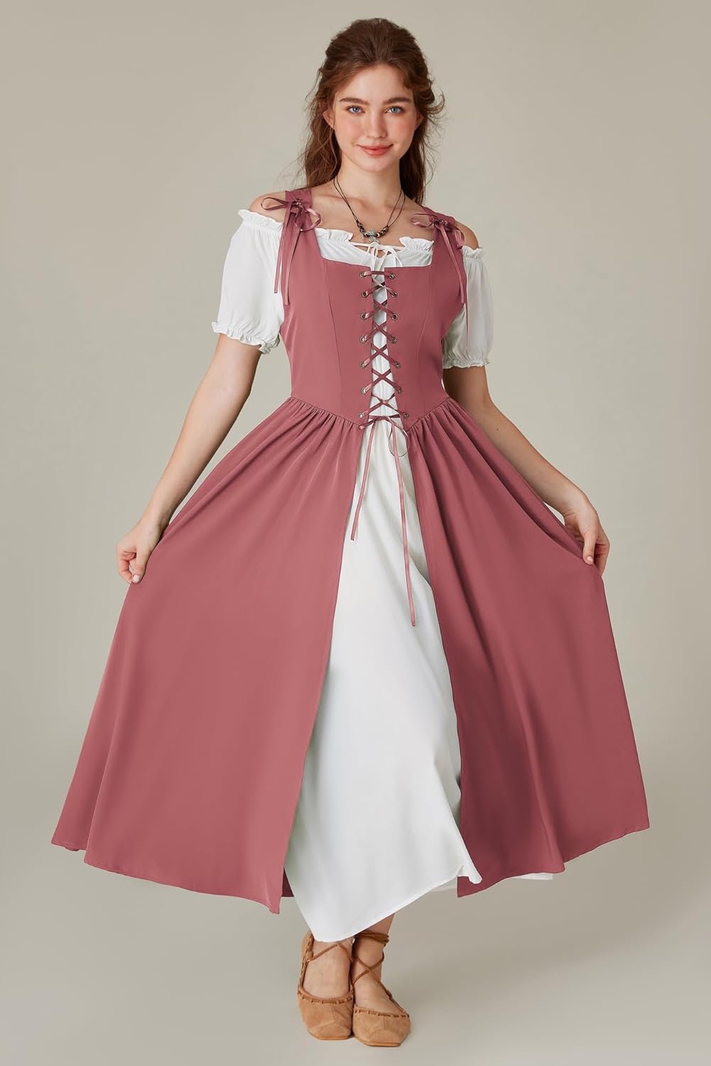 Renaissance Costume Women Peasant Medieval Dress Short Sleeve Maxi Fairy Dresses with Pockets