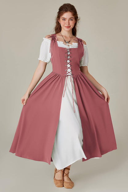 Renaissance Costume Women Peasant Medieval Dress Short Sleeve Maxi Fairy Dresses with Pockets