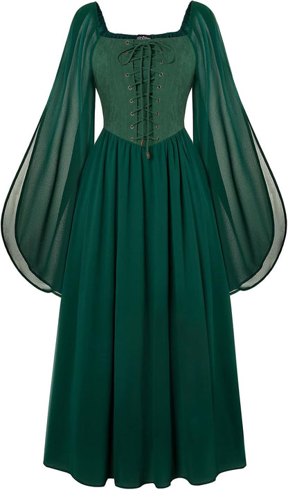 Renaissance Costume Women Pirate Dresses Split Bell Sleeve Medieval Ren Faire Dress with Pockets