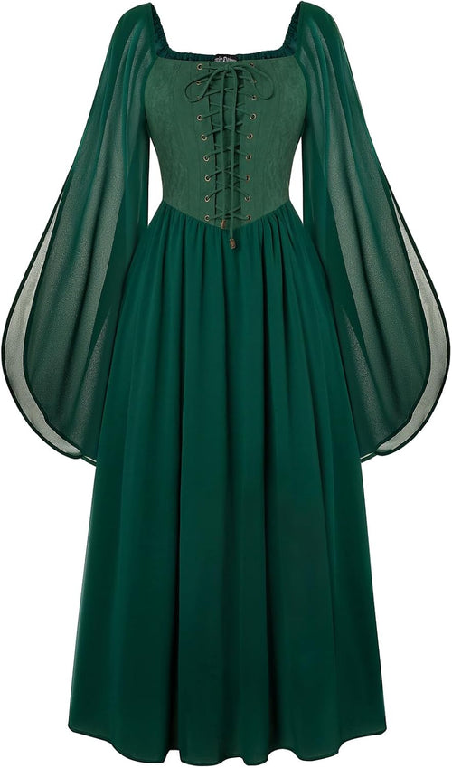 Renaissance Costume Women Pirate Dresses Split Bell Sleeve Medieval Ren Faire Dress with Pockets