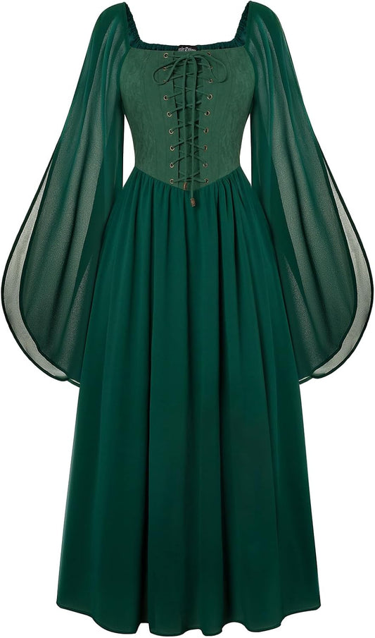 Renaissance Costume Women Pirate Dresses Split Bell Sleeve Medieval Ren Faire Dress with Pockets