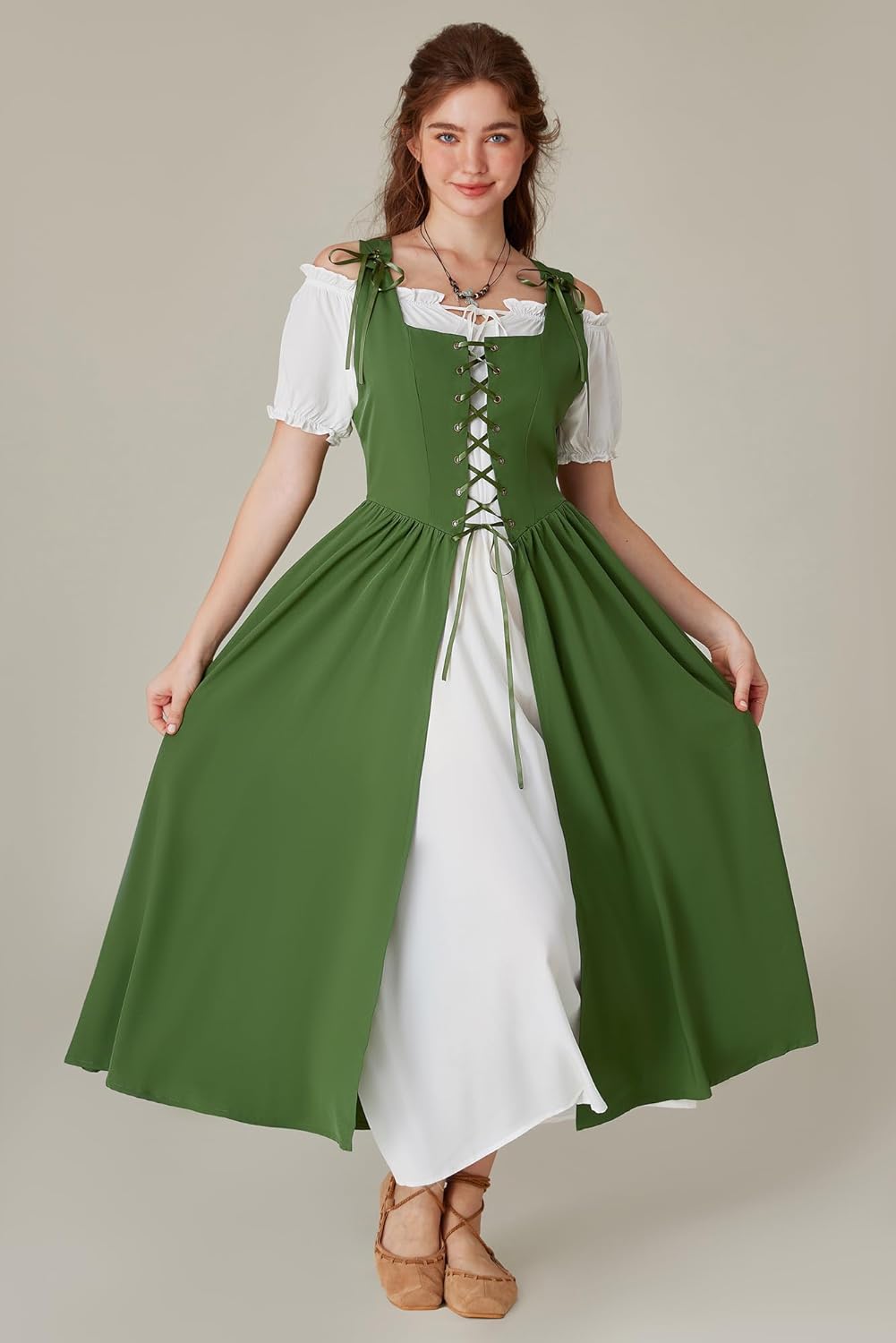 Renaissance Costume Women Peasant Medieval Dress Short Sleeve Maxi Fairy Dresses with Pockets