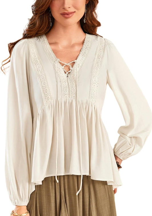 Women's Peasant Tops Fall V Neck Long Sleeve Casual Loose Babydoll Tops