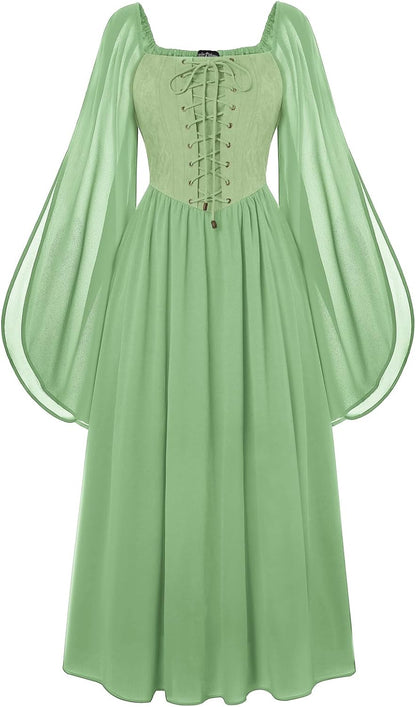 Renaissance Costume Women Pirate Dresses Split Bell Sleeve Medieval Ren Faire Dress with Pockets