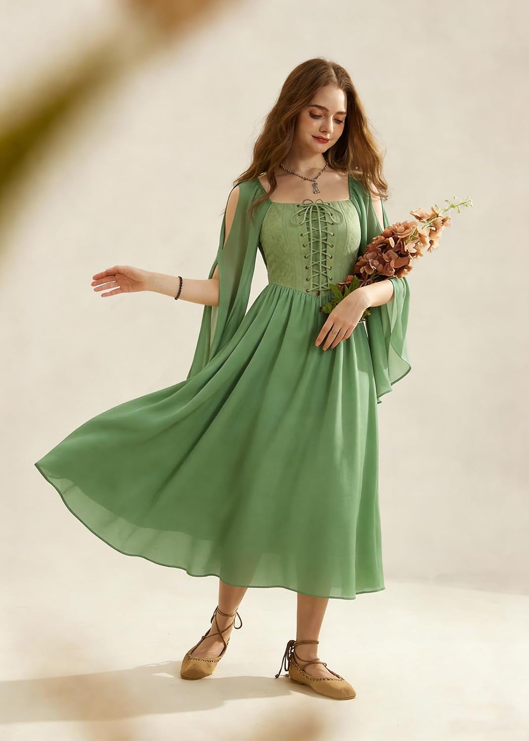 Renaissance Costume Women Pirate Dresses Split Bell Sleeve Medieval Ren Faire Dress with Pockets