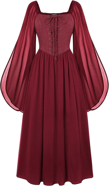 Renaissance Costume Women Pirate Dresses Split Bell Sleeve Medieval Ren Faire Dress with Pockets
