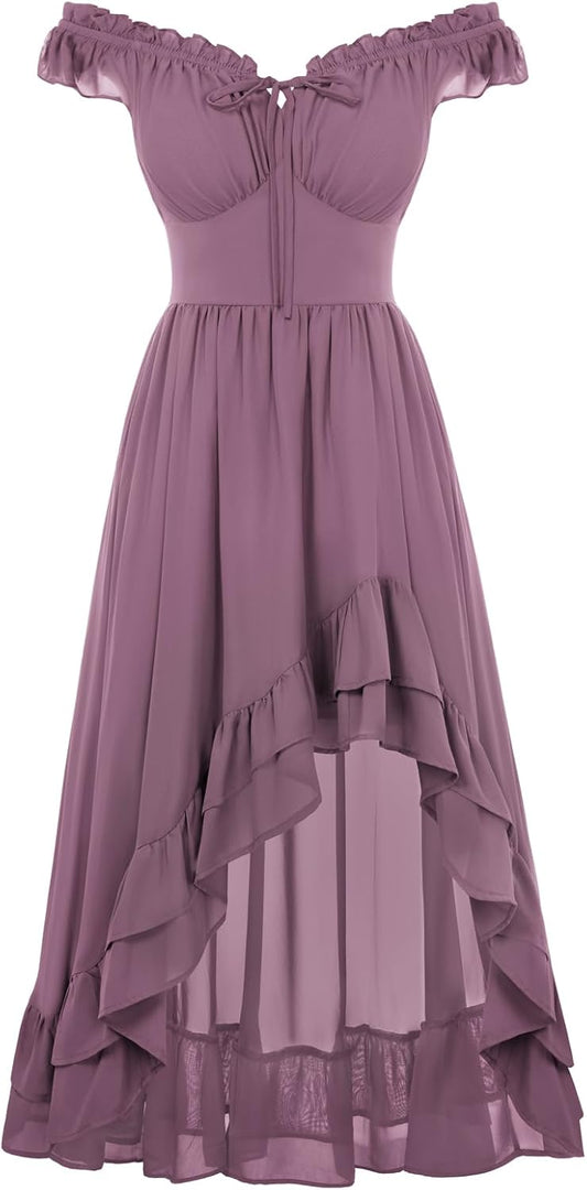 Renaissance Corset Dress for Women Off Shoulder Flowy Sundress Wedding Guest Chiffon Dresses