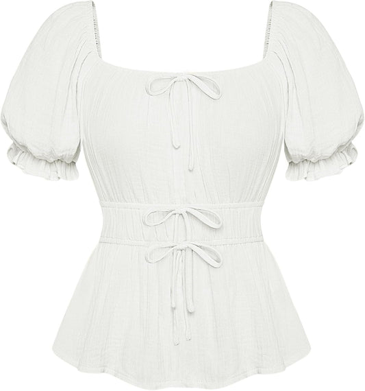 Women Renaissance Shirt Puff Sleeve Square Neck Peasant Pirate Blouse