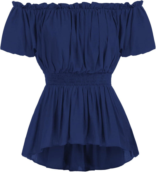 Women's Peasant Tops Puff Sleeve Renaissance Shirt Goth Pirate Costume Navy S