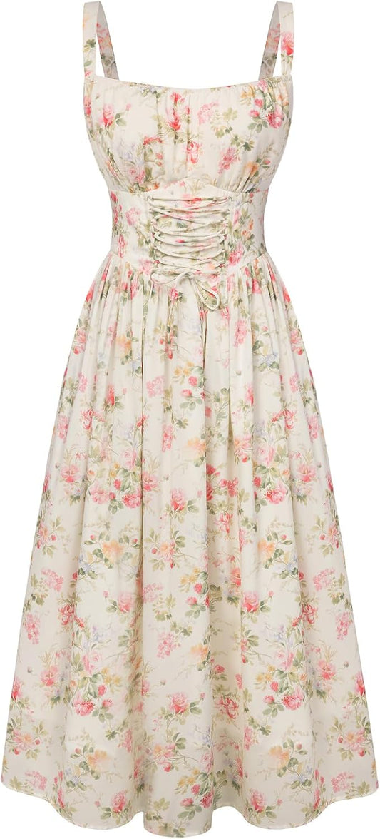 Floral Dress for Women 2026 Corset Milkmaid Dresses Casual Summer Sundress with Pockets