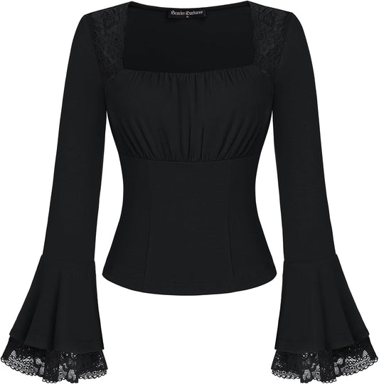 Long Sleeve Tops for Women Square Neck Shirts Fitted Fall Blouse Goth Victorian Tees Going Out Clothes