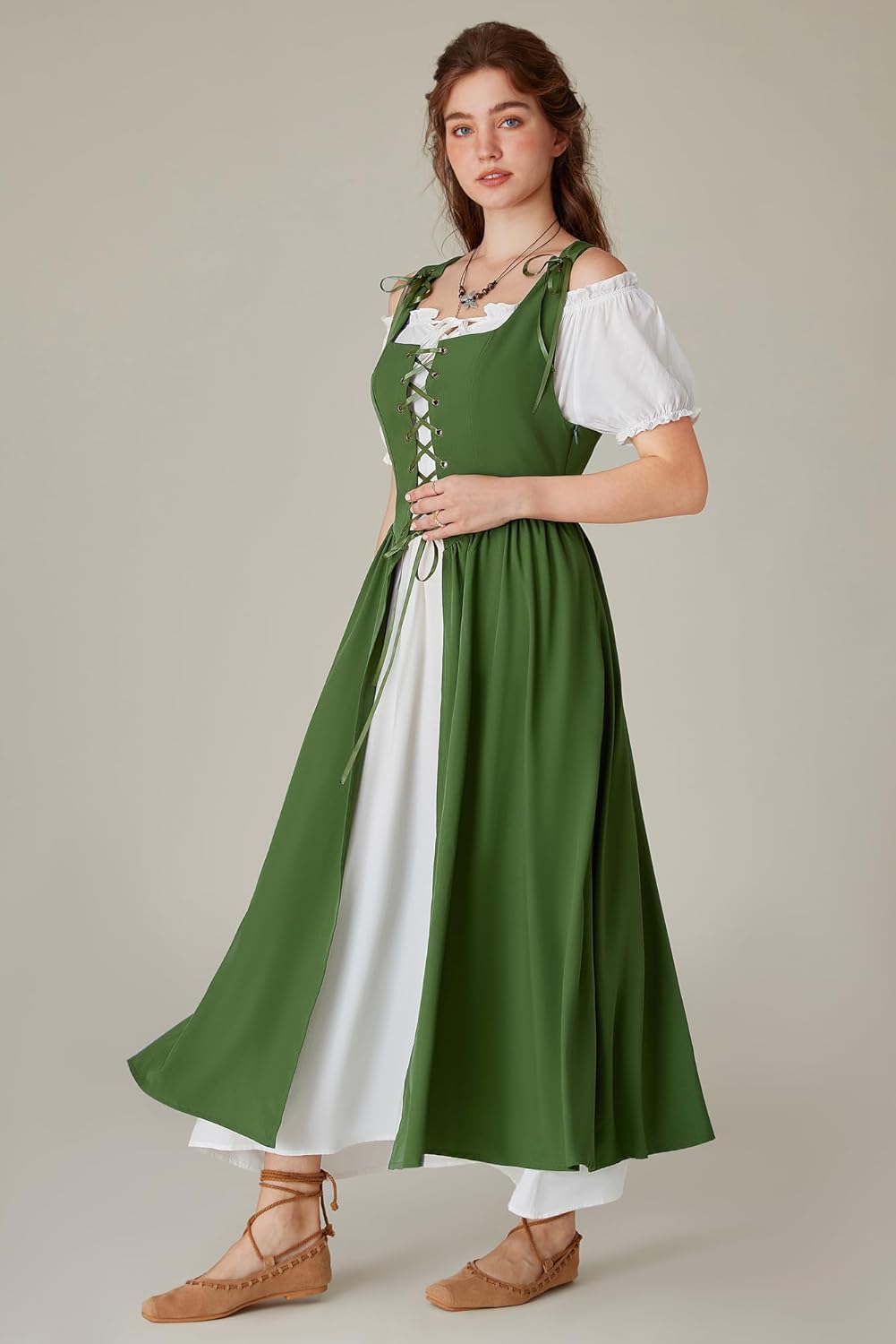 Renaissance Costume Women Peasant Medieval Dress Short Sleeve Maxi Fairy Dresses with Pockets