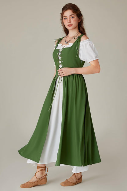 Renaissance Costume Women Peasant Medieval Dress Short Sleeve Maxi Fairy Dresses with Pockets
