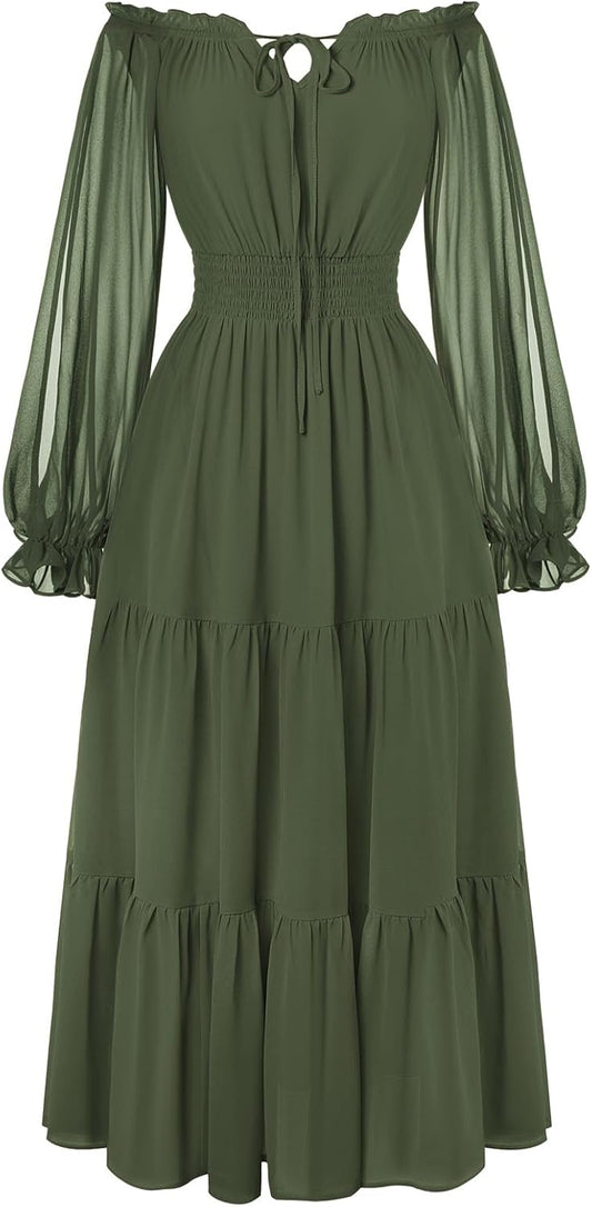 Women Renaissance Off Shoulder Split Sleeve Smocked Waist Tiered Maxi Dress