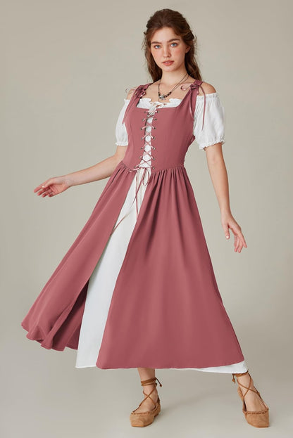 Renaissance Costume Women Peasant Medieval Dress Short Sleeve Maxi Fairy Dresses with Pockets